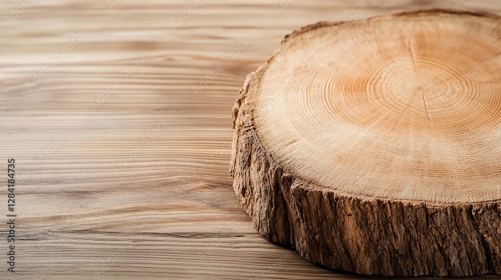 Aufkleber closeup of a wooden tree slice on a wooden surface showing natural texture and grain : generative ai