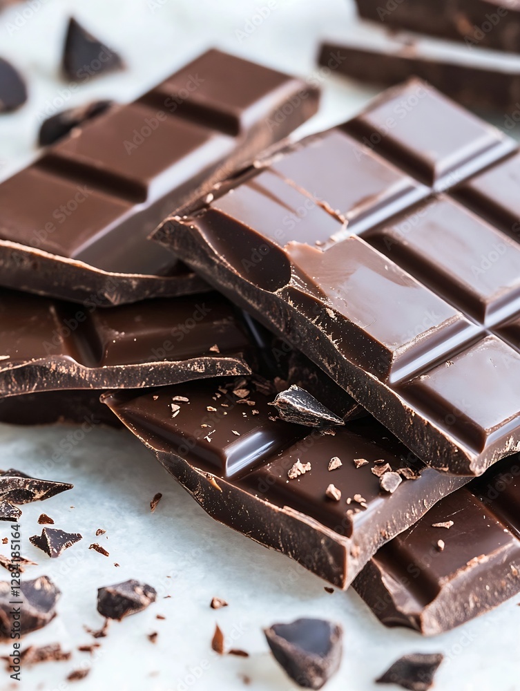 Poster Close Up of Dark Chocolate Bars with Shiny Surface and Crumbly Edges on Display : Generative AI