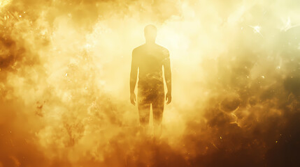 Silhouette of ethereal human figure in golden light surrounded by mist and clouds. Dreamlike Ephemeral Apparition. Illustration