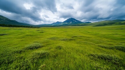 Fototapeta premium Vast Green Meadow Under Dramatic Cloudy Sky with Majestic Mountain Range in Distance : Generative AI