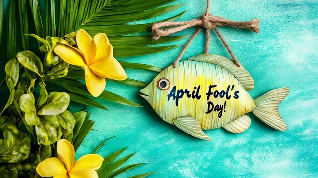 Wooden fish decoration celebrating April Fool's Day with tropical flowers and greenery in a vibrant blue setting