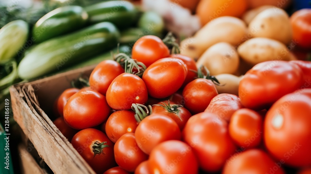 Poster fresh ripe tomatoes stacked in a vibrant market display alongside other produce items : generative a