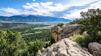 Fototapeta premium Stunning panoramic view of lush green landscape with rocky mountains under a bright blue sky : Generative AI