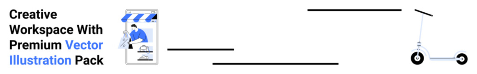 Designer using tools at a creative workspace, a premium vector pack display, and an electric scooter. Ideal for ecommerce, design, transportation, startups, digital marketing, innovation flat