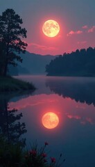 Fototapeta premium Reflection of half Moon in a quiet pond at dawn, sunrise, lake, landscape