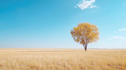 Obraz premium Lonely autumn tree in vast golden field, clear blue sky background. Perfect for peace, nature, solitude themes