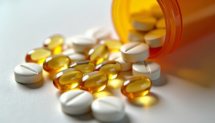 Scattered calcium supplements for bones including soft gels pills from an orange bottle