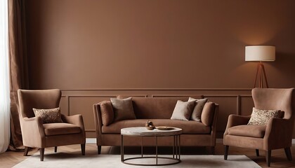 Living room interior in brown mocha mousse 2025 color with brown armchair and decor- 3D rendering,apartment, backgrounds, comfortable, elegance, flooring, furniture, horizontal, 8