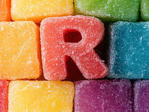 Colorful gummy candies arranged in a vibrant pattern, featuring a prominent red letter "R" among the assorted hues.