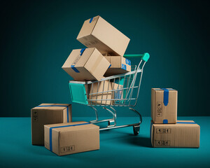 A shopping cart filled with stacked cardboard boxes, symbolizing e-commerce, retail, logistics, delivery, and shipment, set against a green background.