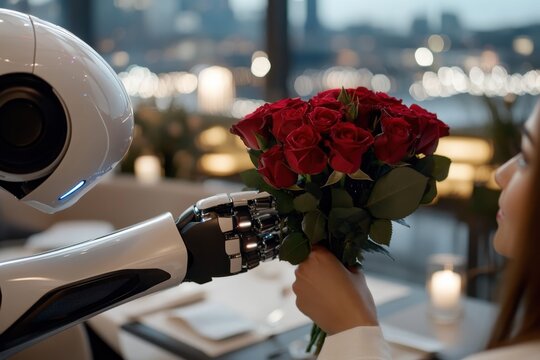 A humanoid robot offers a bouquet of roses to a woman in a cozy restaurant, highlighting the intersection of technology and human emotion in modern relationships.