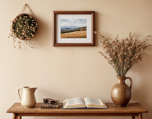 Fototapeta premium Empty wooden picture frame mockup hanging on beige wall background. Boho shaped vase, dry flowers on table. Cup of coffee, old books. Working space, home office. Art, poster display. Modern interior.