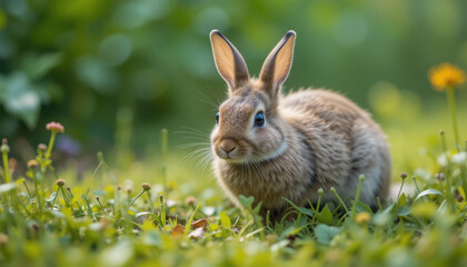 Fototapeta premium rabbit in the grass, Serene Brown Rabbit in Grassy Field