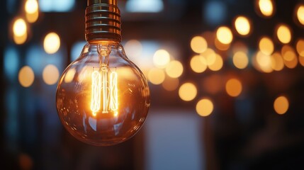 Glowing vintage Edison light bulb with warm bokeh background in moody lighting