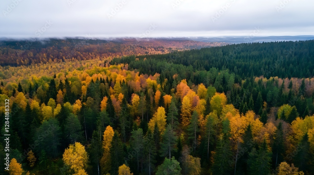 Poster vivid autumn landscape of colorful forests with trees changing colors in breathtaking aerial view : 