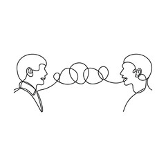 Oneline drawing of two men in conversation, communication, connection, dialogue, relationship, minim