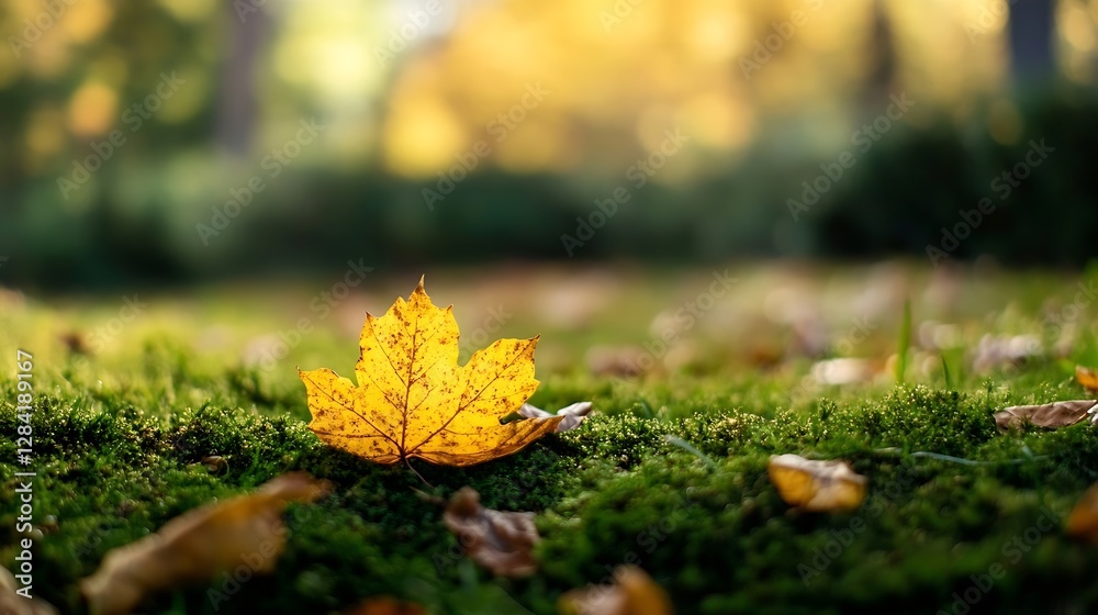 Poster vibrant yellow maple leaf resting on lush green moss in a serene forest setting : generative ai