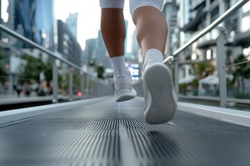 A close-up of a runner's feet on a modern urban walkway showcases the blend of urban lifestyle, fitness, and the importance of exercise in daily life.