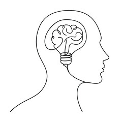 Human Head, Brain, Idea, Lightbulb, Creativity, Innovation, Mind, Concept, Single Line, Drawing