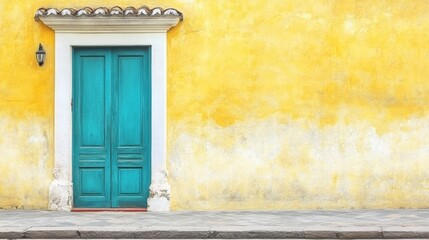 Turquoise Door Set Against an Aged Yellow Wall with Weathered Texture and Stone Base
