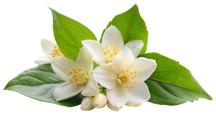 Close-up of Lush Blooming Jasmine Flower with Fine White Petals and Green Leaves on a Transparent Background