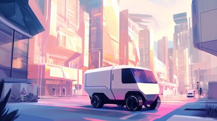 Naklejka premium Pixel Art White Van on a City Street with Tall Buildings and Futuristic Design