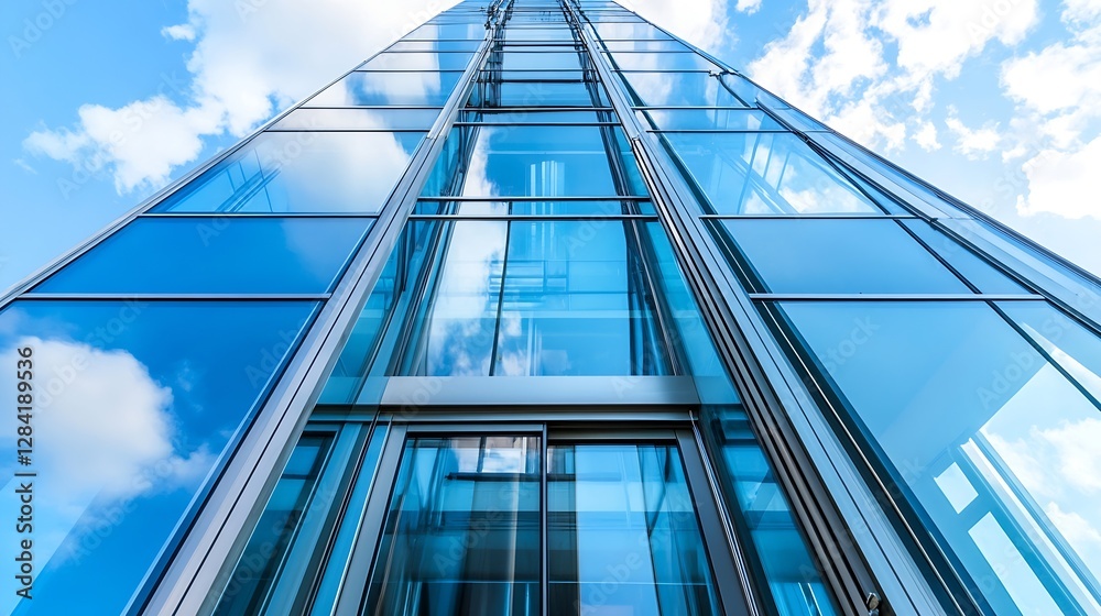 Aufkleber modern skyscraper towering into the bright blue sky reflecting the fluffy clouds : generative ai