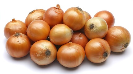 Pile of fresh yellow onions on a white background, ready for cooking.