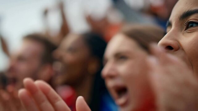 Excited female fan cheering and clapping at a live sports event