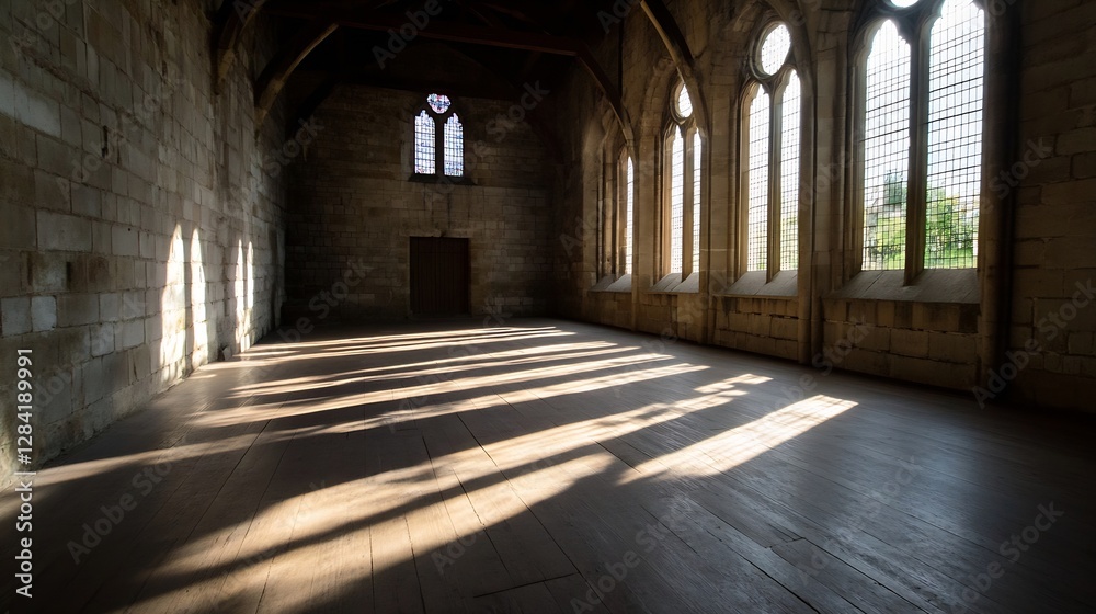 Aufkleber interior view of an old chapel with light streaming through large stained glass windows : generative
