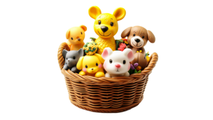 Colorful toy animals arranged in a wicker basket