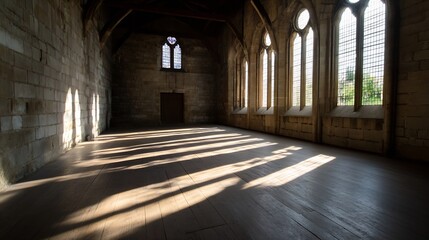 Obraz premium Interior view of an old chapel with light streaming through large stained glass windows : Generative AI
