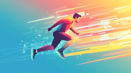 Obraz premium Pixelated Silhouette of a Runner in Full Motion with Dynamic Speed Lines and Colorful Background