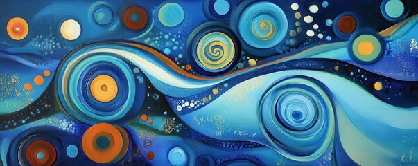 Colorful abstract art painting featuring swirling patterns and bold circular designs in blue tones