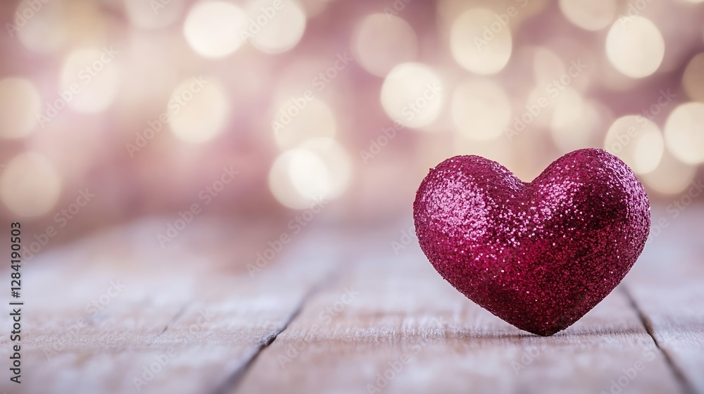Poster Charming red glitter heart on a wooden surface with soft bokeh lights creating a romantic atmosphere : Generative AI