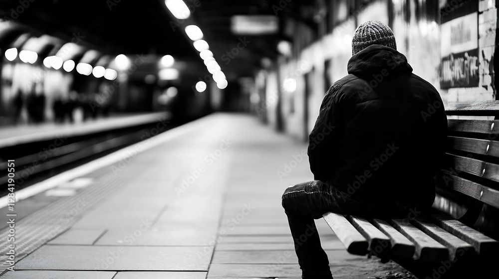 Poster lonely figure sitting on a bench at night in a quiet subway station : generative ai