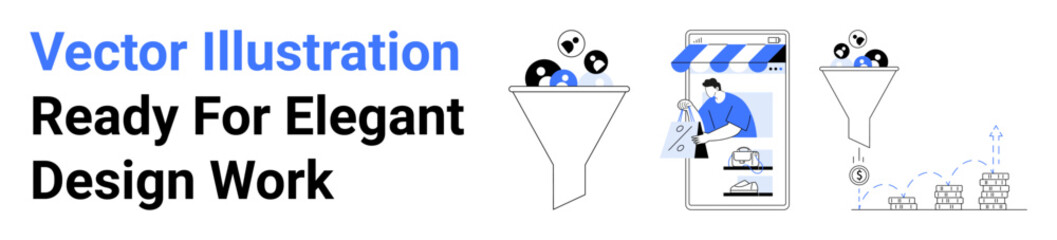 Marketing funnels filtering user data, smartphone with an online store, analytics icons. Ideal for marketing, business strategy, e-commerce, data analysis, lead generation, online stores flat