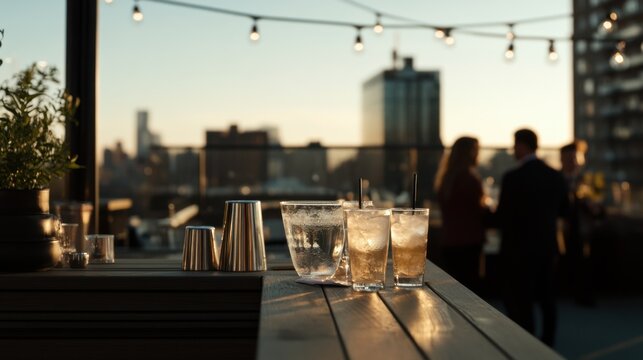 Moderate drinking at a cozy rooftop bar, enjoying cocktails with colleagues. Featuring connection and celebration