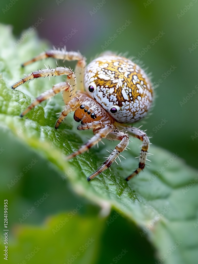 Aufkleber closeup of a beautifully marked jumping spider perched on a green leaf showcasing its vibrant colors