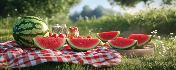 Obraz premium Summer picnic setup with watermelon and fresh fruits on checkered blanket in lush green field