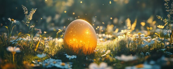 Golden egg in enchanted flower meadow with sunlight and sparkling magic