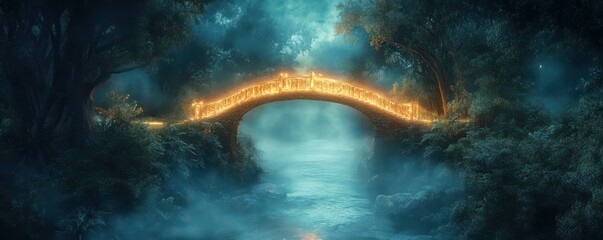 Enchanted nighttime forest with glowing bridge and mystical atmosphere
