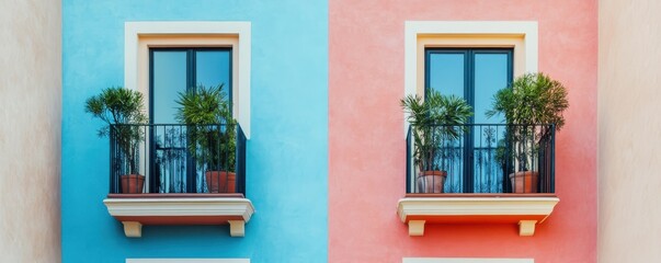 Naklejka premium Colorful building facade with twin balconies and potted plants on blue and pink walls