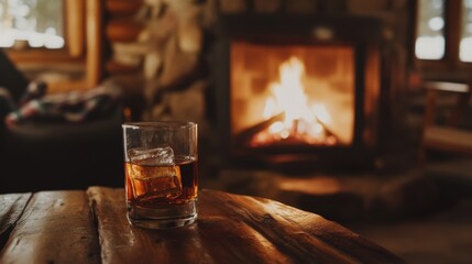 Moderate drinking at a cozy winter cabin, sipping hot whiskey by the fire. Featuring comfort and warmth
