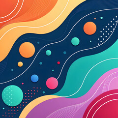 A futuristic abstract design with flowing curves, floating spheres, and deep blue tones accented by bright contrasting colors.