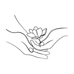 Gentle Hands Holding Delicate Magnolia Flower, Line Art Drawing