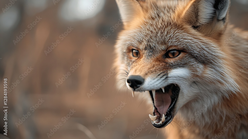 Poster Closeup portrait of a snarling fox displaying sharp teeth and fierce expression in a natural setting : Generative AI