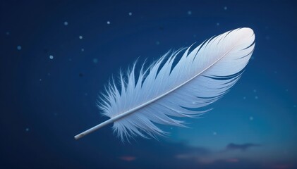 Fototapeta premium Single white feather against a dark blue evening sky with stars, sky reflections, starlight