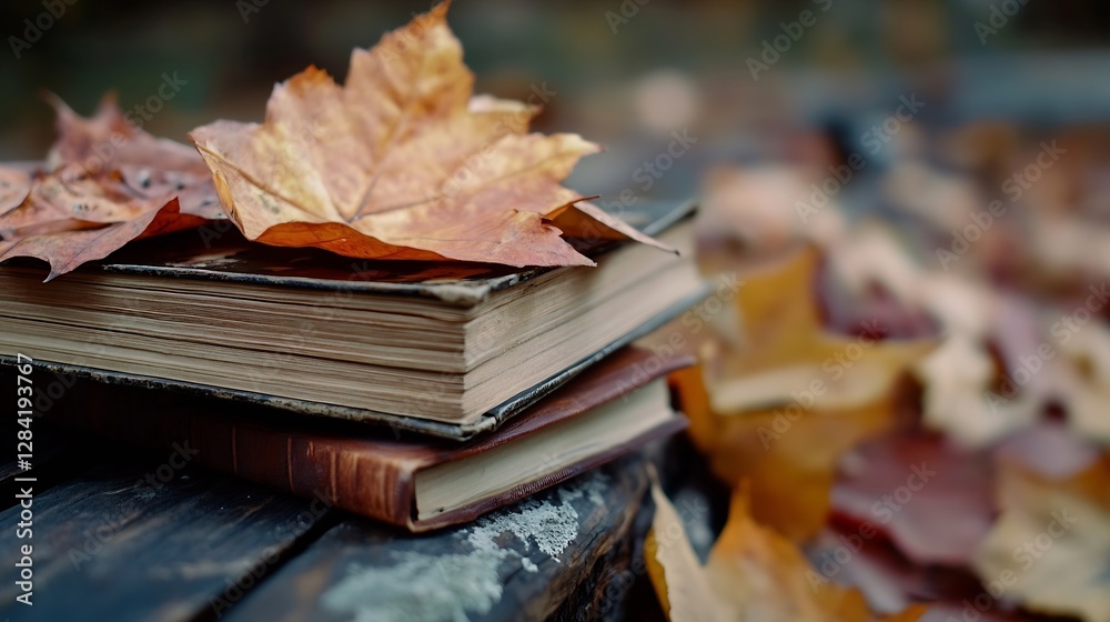 Aufkleber stack of vintage books adorned with autumn leaves showcasing a seasonal perspective : generative ai