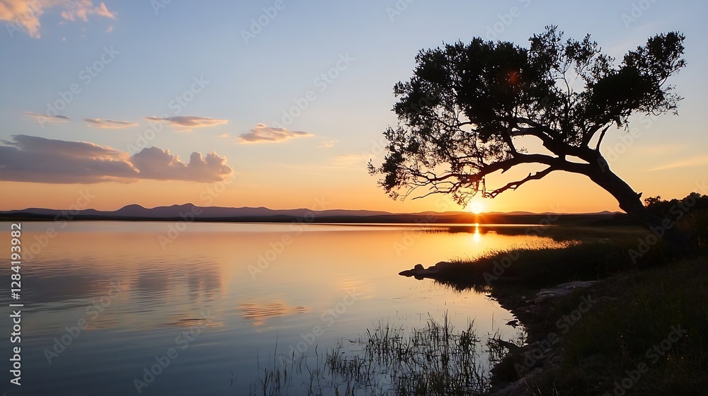 Leinwandbilder Sunset view over a calm lake with a silhouetted tree creating a picturesque evening atmosphere : Generative AI